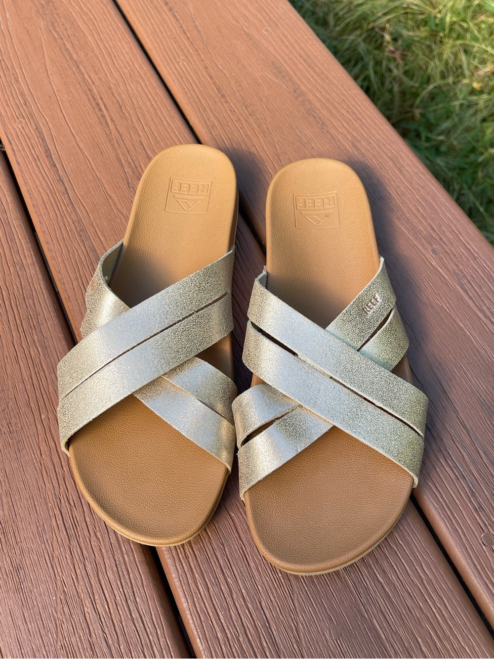 Reef Gold Metallic Crisscross Slide Sandals